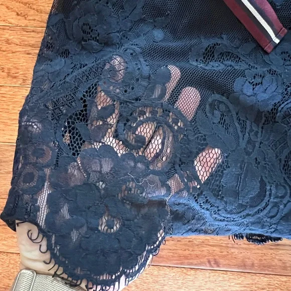 Abercrombie & Fitch Navy Blue Lace Slip Dress with Striped Waist Tie - Picture 6 of 8